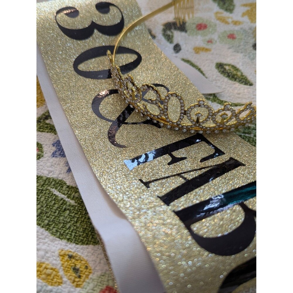 30th Birthday Gold Jeweled Tiara with Gold Glitter Sash